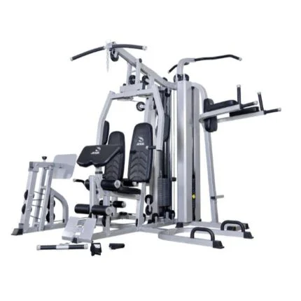 6 Stations Multi Functional Gym Equipment, Lat Pulldown, Chest Press, Butterfly, Arm curl, Leg press, Vertical knee raise, Sit Ups, Low Rows, Chin Ups, Dips, Leg extension, push Ups, Cable Ankle strap etc