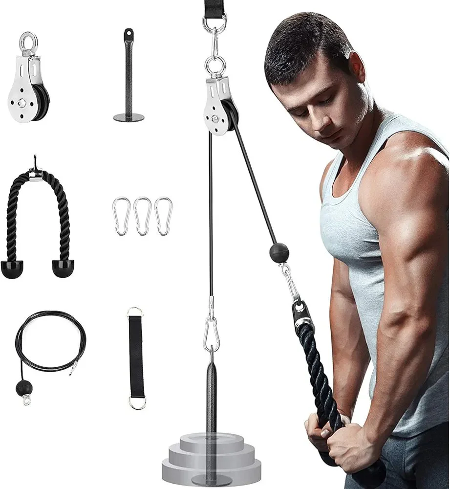 Home Gym Cable Pulley System with Silent Pulley, Tricep Rope, 2m Cables, Loading Pin, 3 Carabiner and Hanging Strap, Home Gym Equipment for LAT Pulldown and Triceps Extension - Image 1